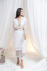 Untouched elegance: Hand-embroidered white chiffon, a canvas of pure sophistication.