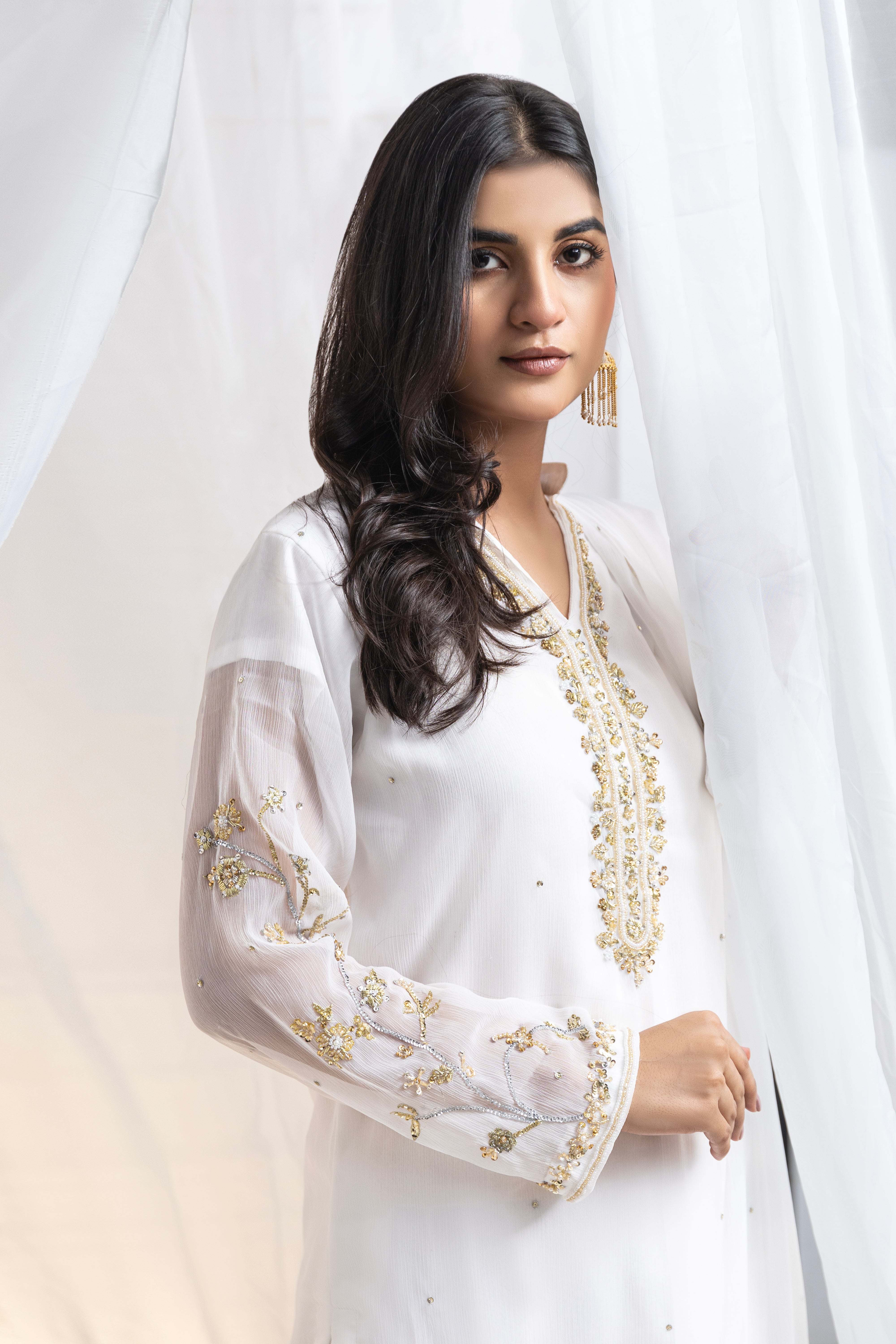 Untouched elegance: Hand-embroidered white chiffon, a canvas of pure sophistication.